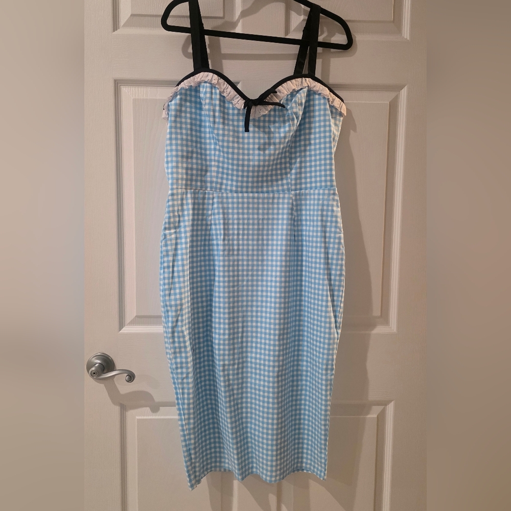 EUC XL Blue and White Black Gingham Bardot Wiggle